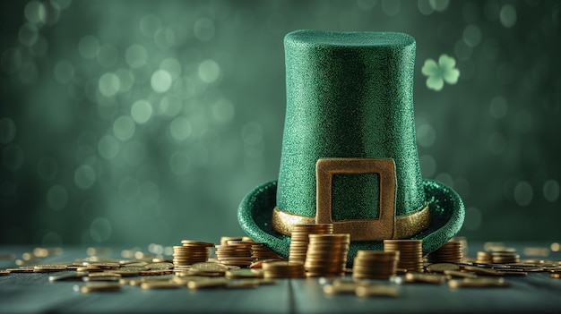 Rendering 3D du chapeau vert étincelant de la fête de Saint Patrick avec des pièces d'or et un fond bokeh