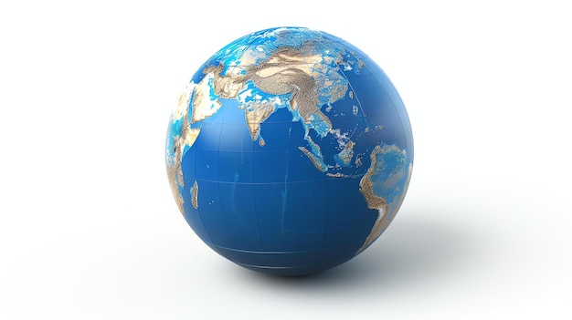 Rendering 3D du globe terrestre à texture bleue et dorée avec un relief détaillé et une atmosphère réaliste