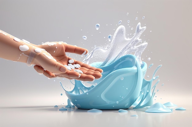 Rendering 3D du lavage des mains avec de l'eau et du savon isolé sur fond blanc concept d'hygiène et de santé Illustration de rendu 3D de style cartoon minimal