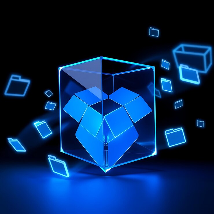 Rendering 3D du logo Dropbox en verre bleu transparent flottant les bords bleus au néon définissent la boîte