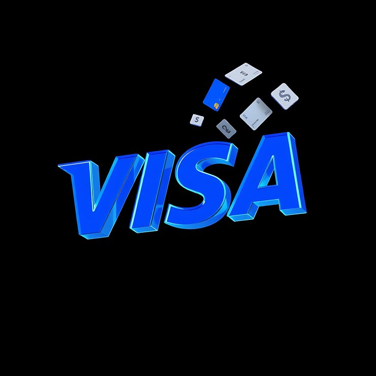 Rendering 3D du logo Visa extrudé en résine bleue transparente flottant à un bord bleu néon diagonal