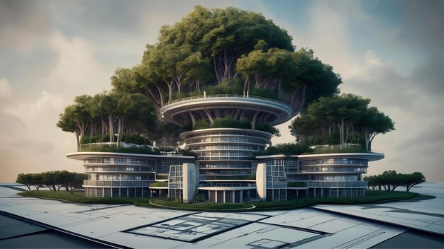 Photo rendering 3d du modèle d'architecture d'un bâtiment circulaire avec des arbres au-dessus des plans