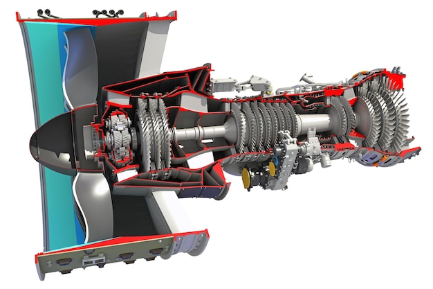 Photo rendering 3d du moteur d'avion turbofan coupé