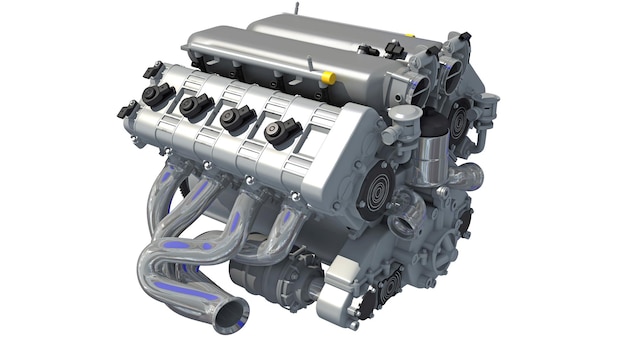Rendering 3D du moteur de voiture V8 sur fond blanc