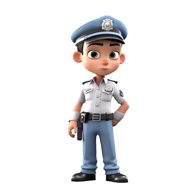 Rendering 3D du petit policier avec un chapeau bleu et un fond blanc