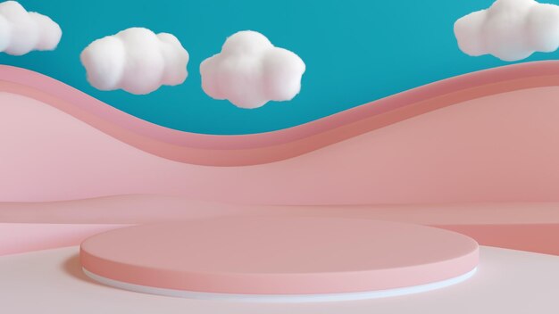 Rendering 3D du podium rose et des couches de montagne et des nuages de coton sucré à l'arrière-plan