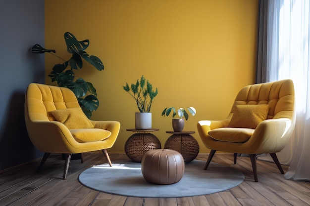 Rendering 3D du salon avec des chaises jaunes et une plante dans le coin