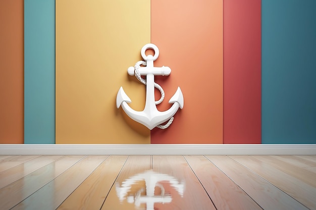 Rendering 3D du symbole blanc de l'icône d'ancre s'appuyant sur un mur de couleur avec une réflexion floue du sol avec un espace vide sur le côté droit