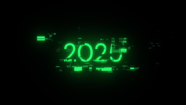 Rendering 3D du texte 2025 avec des effets d'écran de glitches technologiques