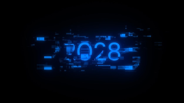 Rendering 3D du texte 2028 avec des effets d'écran de glitches technologiques