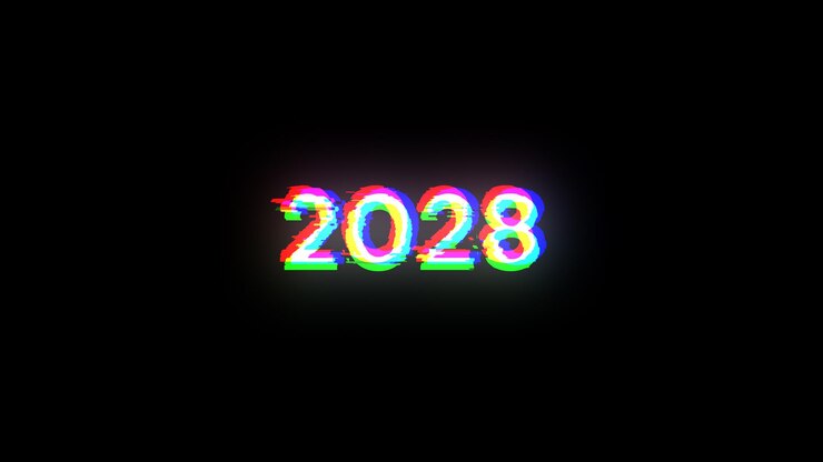 Photo rendering 3d du texte 2028 avec des effets d'écran de glitches technologiques