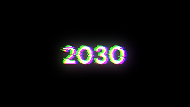 Rendering 3D du texte de 2030 avec des effets d'écran de glitches technologiques