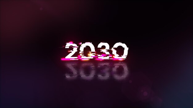 Rendering 3D du texte de 2030 avec des effets d'écran de glitches technologiques