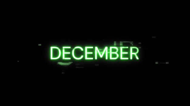 Rendering 3D du texte de décembre avec des effets d'écran de glitches technologiques