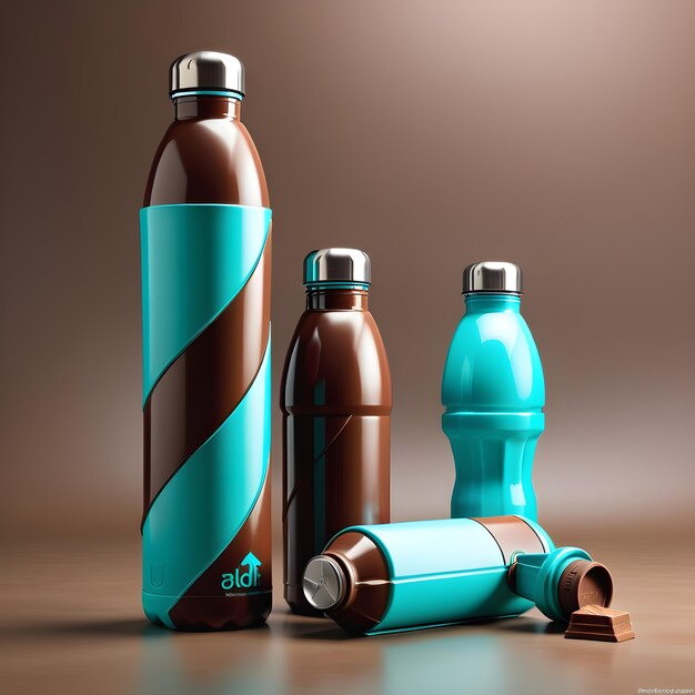 Photo rendering 3d d'un ensemble de bouteilles d'eau sportives sur un fond brun