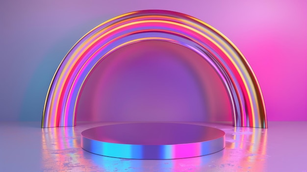 Rendering 3D époustouflant d'un fond abstrait avec une arche colorée et un podium vide avec des touches métalliques iridescentes Arrière-plan géométrique à la mode pour présenter un produit