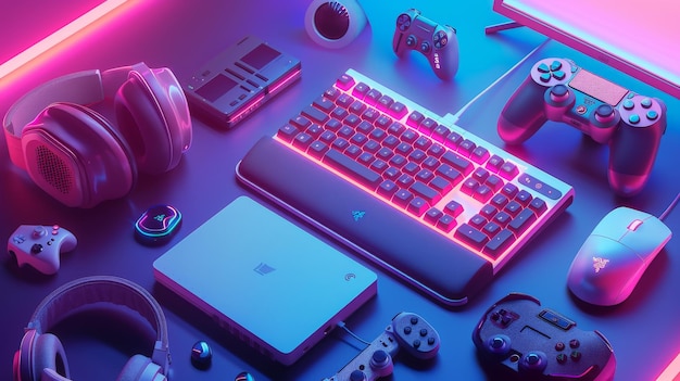 Rendering 3D d'équipements de jeu pour joueurs ou streamers Console de jeu portable souris écouteurs clavier bannière publicitaire avec équipement de jeu