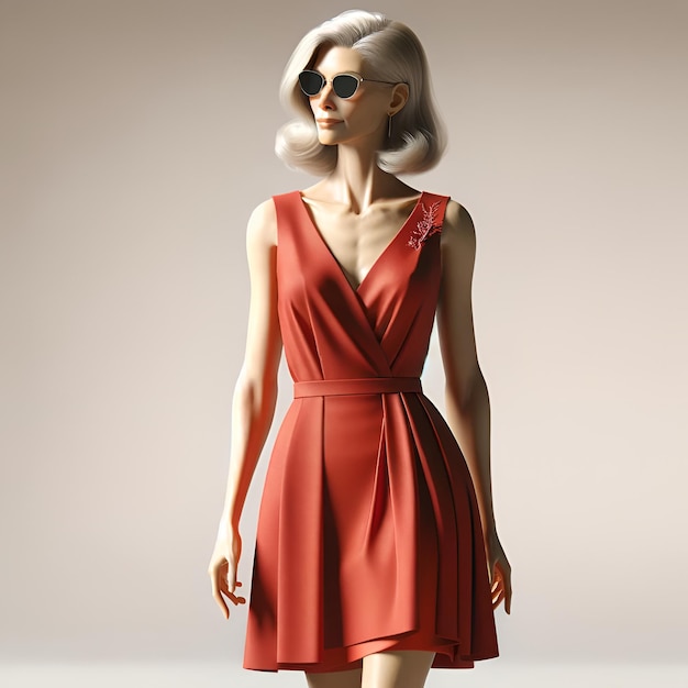 Rendering 3D d'une femme mature en robe rouge, mini jupe et lunettes de soleil