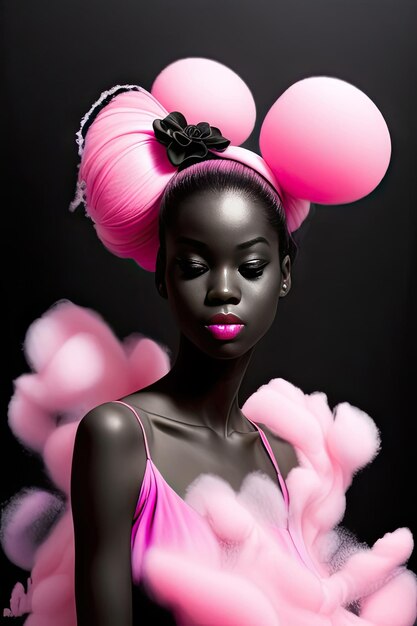 Rendering 3D d'une femme noire avec des cheveux roses et des ballons roses