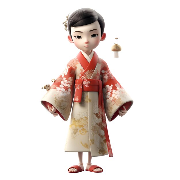 Photo rendering 3d d'une fille japonaise en kimono sur fond blanc