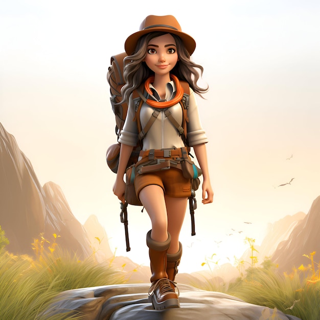 Rendering 3D d'une fille randonneuse dans les montagnes