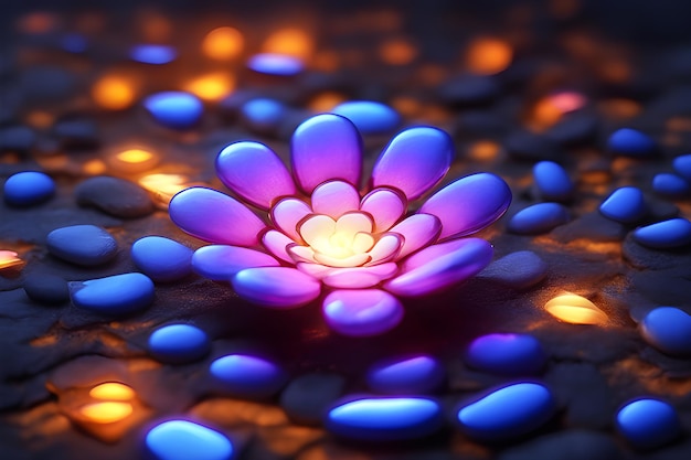 Rendering 3D d'une fleur de lotus dans l'eau avec des lumières au néon