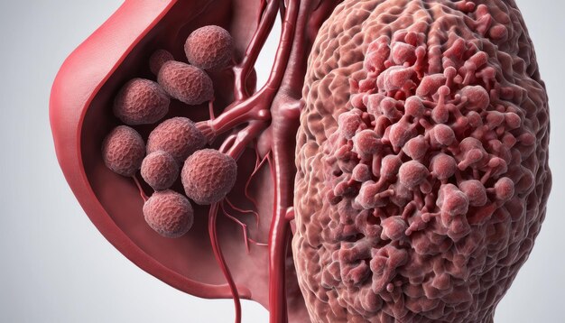 Rendering 3D d'un foie humain avec une vasculature détaillée et un groupe de structures sphériques