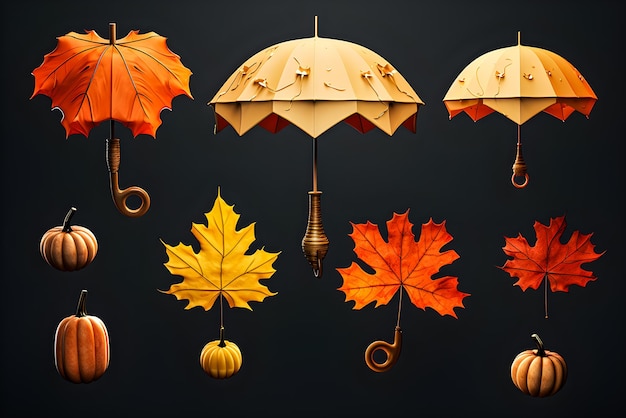 Photo rendering 3d de fond d'automne avec feuille d'érable chêne gland citrouille parapluie générative ai