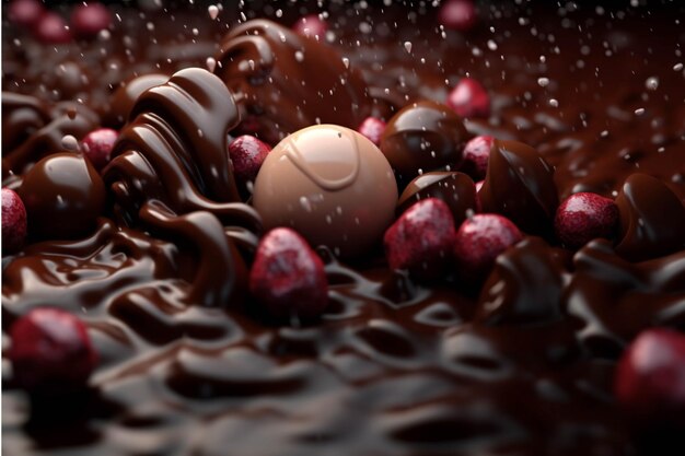 Rendering 3D d'un fond de chocolat avec des boules de chocolat et des cerises