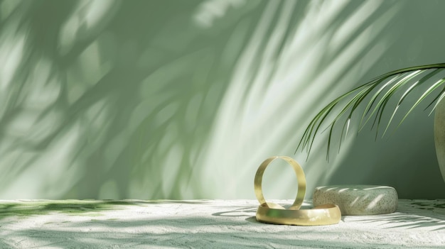 Rendering 3D d'un fond vert abstrait avec une lumière solaire brillante et des ombres de feuilles tropicales Scène de vitrine minimale avec des pavés et des anneaux dorés