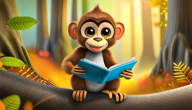Rendering 3D de la forêt Le livre de lecture du singe drôle