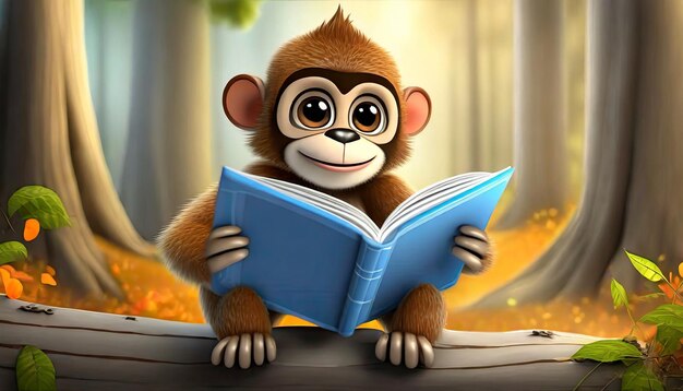 Rendering 3D de la forêt Le livre de lecture du singe drôle