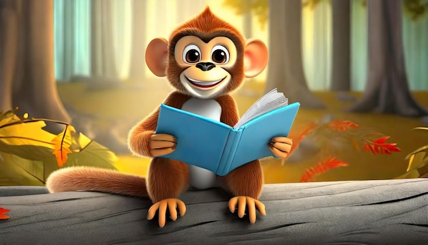 Rendering 3D de la forêt Le livre de lecture du singe drôle