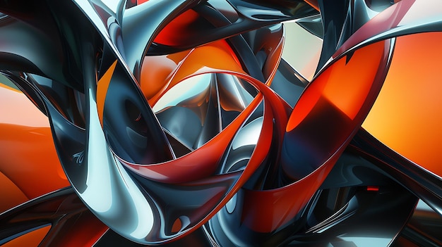Rendering 3D de formes brillantes entrelacées en rouge, orange et bleu