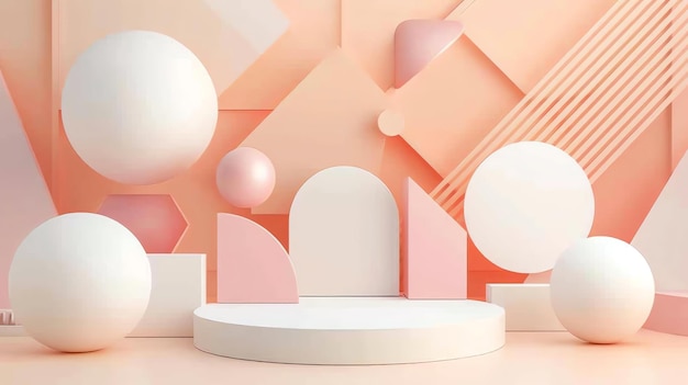 Photo rendering 3d de formes géométriques abstraites podiums et boules roses et blanches sur un fond rose couleurs pastel design simple et propre