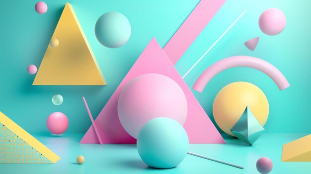 Rendering 3D de formes géométriques colorées Des sphères et des triangles bleu rose et jaune de différentes tailles semblent flotter dans un espace bleu