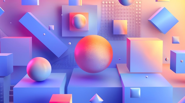 Rendering 3D de formes géométriques Sphères et cubes bleu rose et orange Fond futuriste avec podiums Composition abstraite