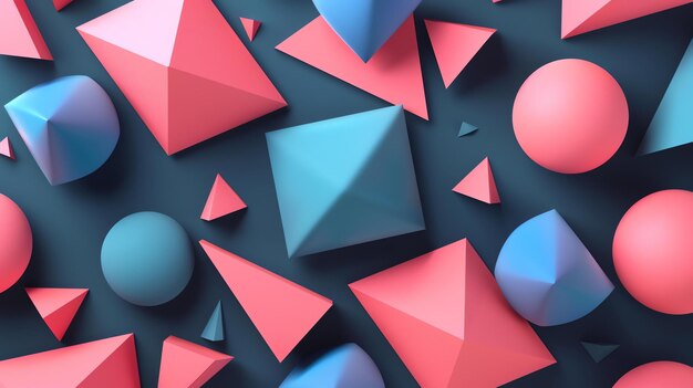 Photo rendering 3d de formes géométriques sphères roses et bleues pyramides et cubes sur un fond bleu foncé