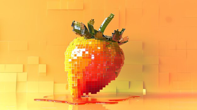 Photo rendering 3d d'une fraise faite de pixels colorés la fraise fond sur une surface réfléchissante le fond est d'une couleur orange vif