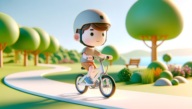 Photo rendering 3d d'un garçon de dessin animé sur un vélo