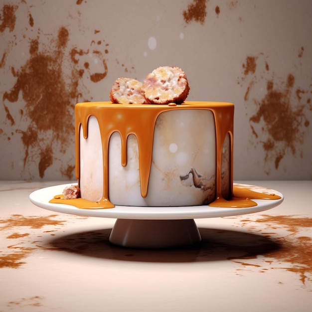 Rendering 3D d'un gâteau avec du caramel fondu sur une assiette blanche