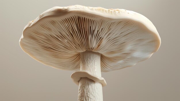 Rendering 3D d'un grand champignon blanc avec une longue tige Le champignon est vu de dessous montrant la face inférieure du chapeau avec ses branchies