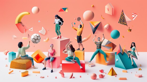 Rendering 3D d'un groupe de personnes diverses jouant avec des formes géométriques