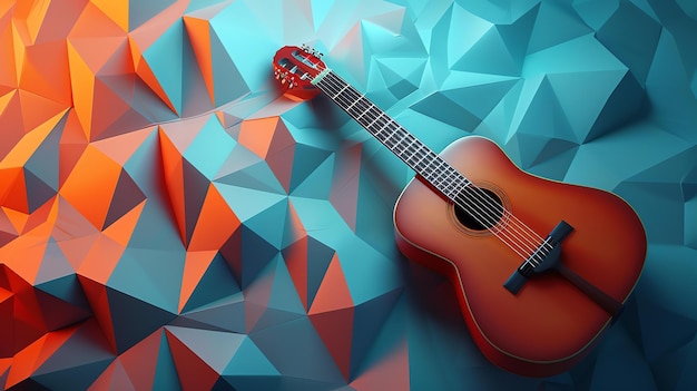 Photo rendering 3d d'une guitare classique posée sur une surface facettée bleue et orange la guitare est brune et a une finition brillante
