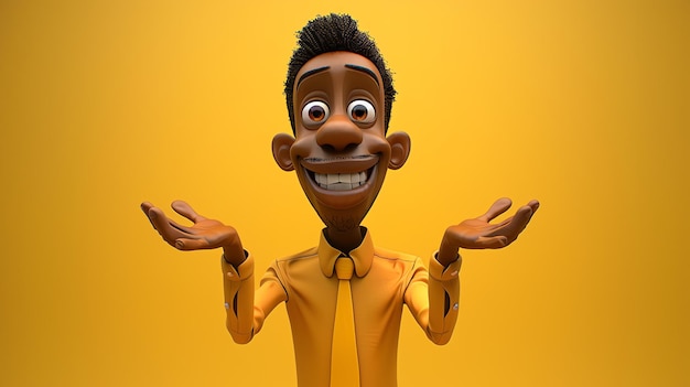 Photo rendering 3d d'un homme d'affaires heureux portant une chemise jaune et une cravate avec ses mains en l'air il a un grand sourire sur son visage
