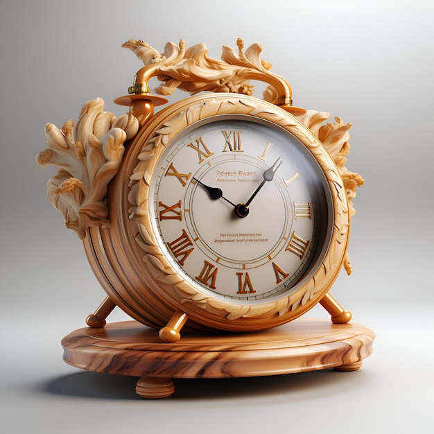 Rendering 3D d'une horloge antique en or sur un support en bois.