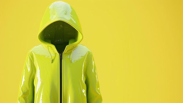 Photo rendering 3d d'un imperméable jaune avec un capuchon le imperméable est fait d'un matériau brillant et a une fermeture éclair à l'avant