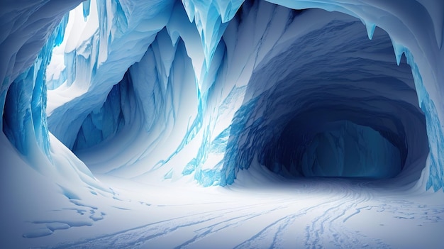Rendering 3D de l'intérieur d'une grotte de glace bleue futuriste