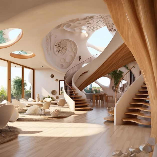 Rendering 3D de l'intérieur d'une maison d'un étage Un concept d'une zone moderne escaliers colorés et courbes