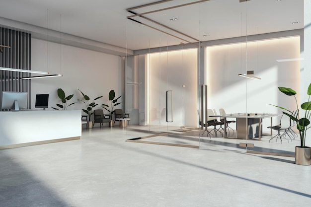 Rendering 3D de l'intérieur moderne d'une salle de réunion en verre